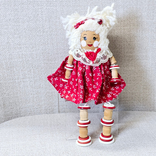 Adorable Vintage Button Doll Shelf Sitter, Red Dress