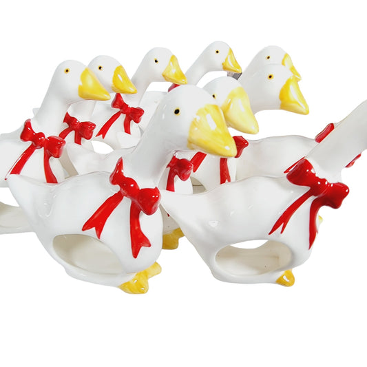 Set of 10 Vintage Geese Napkin Rings Holders, Red Ribbon Goose, Cottage Core