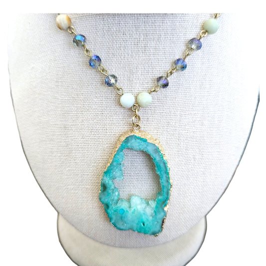 Dyed blue druzy and multi gemstone gold plated wire wrapped pendant with lobster claw clasp- Angelee