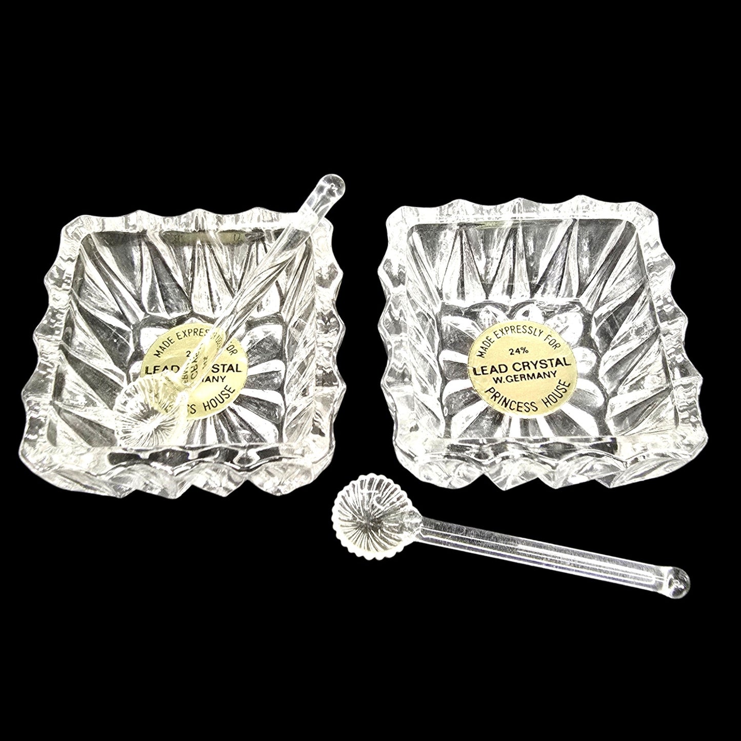 Vtg Princess House Crystal Salt Cellars & Tiny Glass Spoons W. Germany 24% Lead