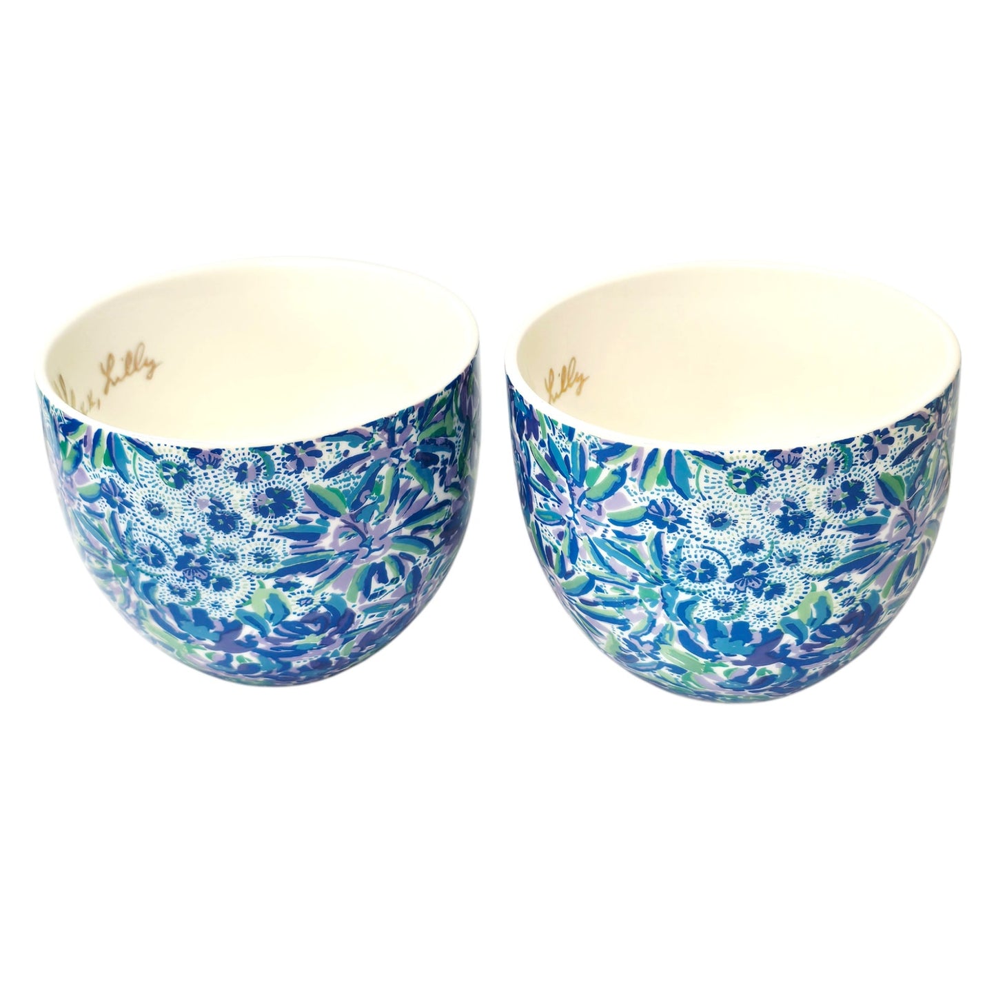 Lilly Pulitzer Coffee Mugs Set Blue Floral Gold Handle XX Lilly Hidden Animal