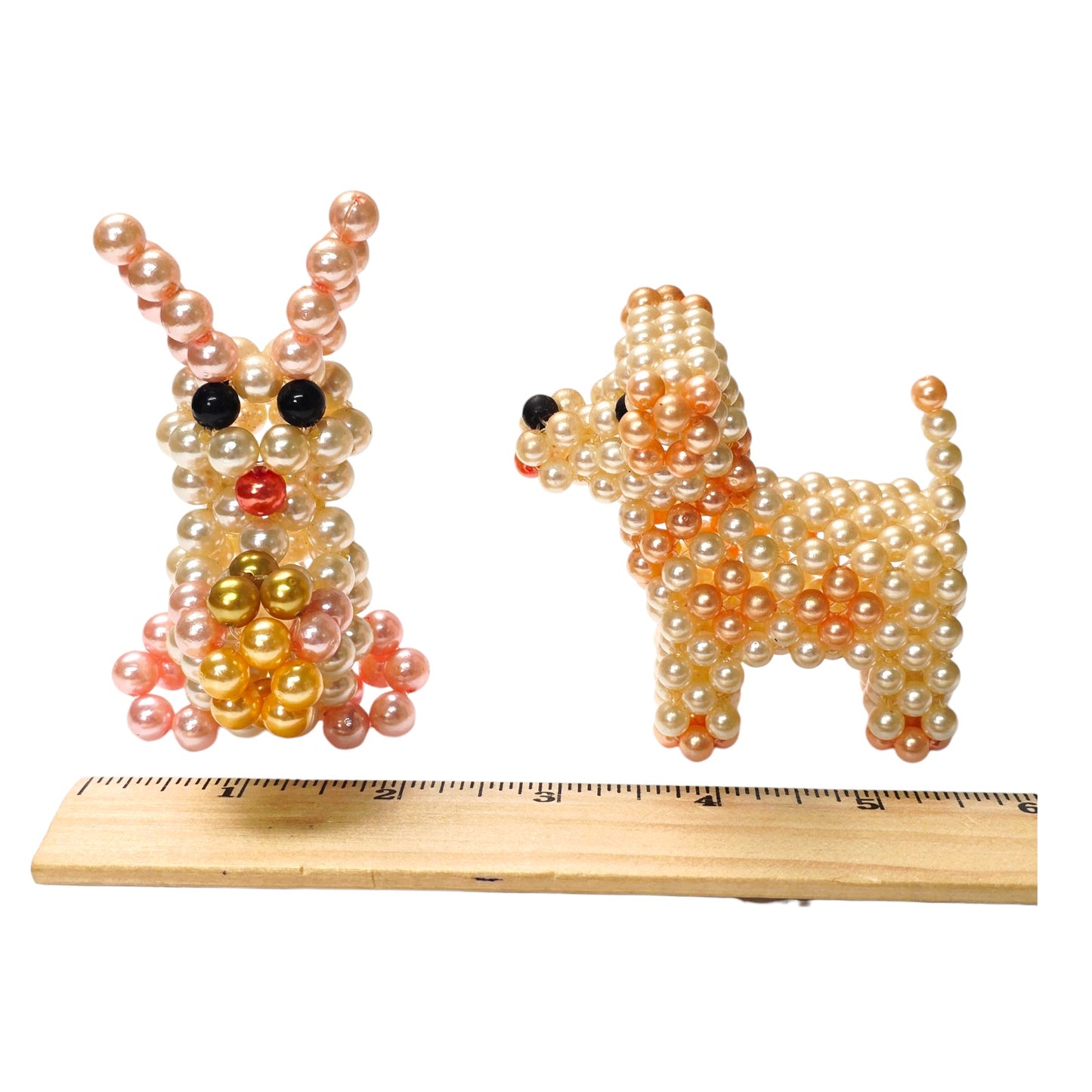 Set of 2 Vintage Faux Pearl Beaded Dog and Bunny Pink & Cream Pearl Figurines