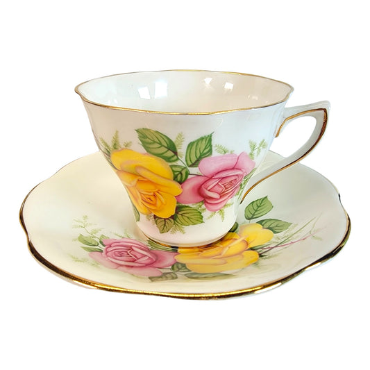 Royal Seagrave Bone China Tea Cup and Saucer, Pink and Yellow Roses