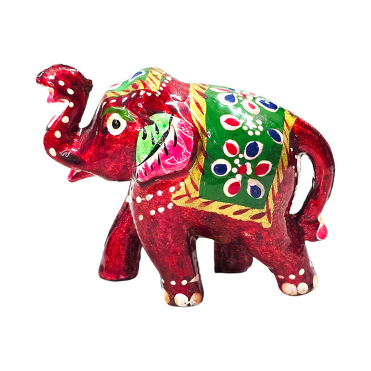 Vtg Hand Painted Mini Elephant Figurine Red Green Folk Art India 2" Decor