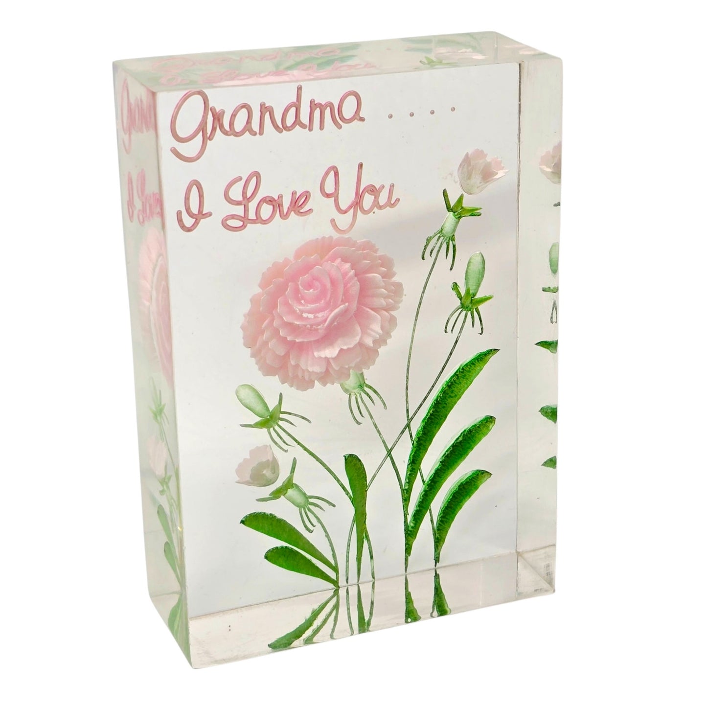 Vintage Lucite Paperweight Pink Carnation Grandma I Love You Flower Acrylic Art nbran
