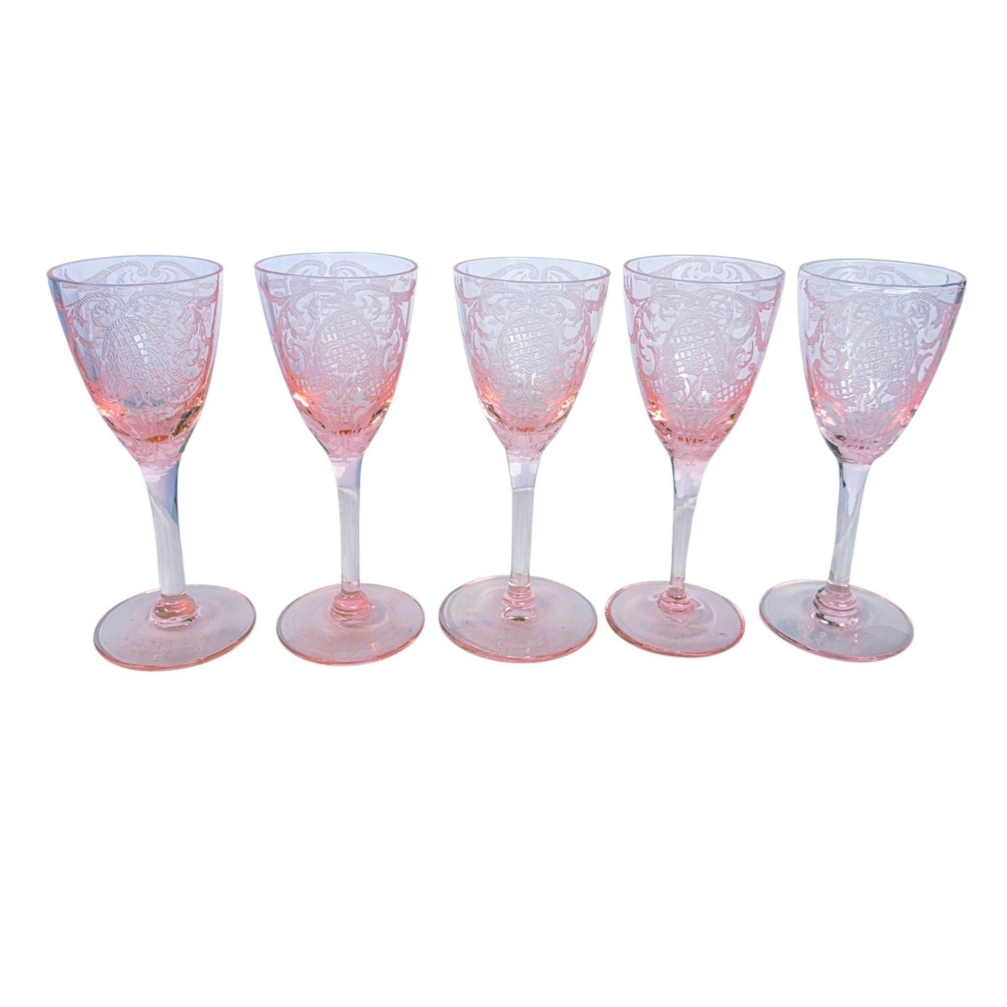 Rare 1929 Cambridge Glass Etched Pink Cordials Etch 740 Stem 3050 Set of 5