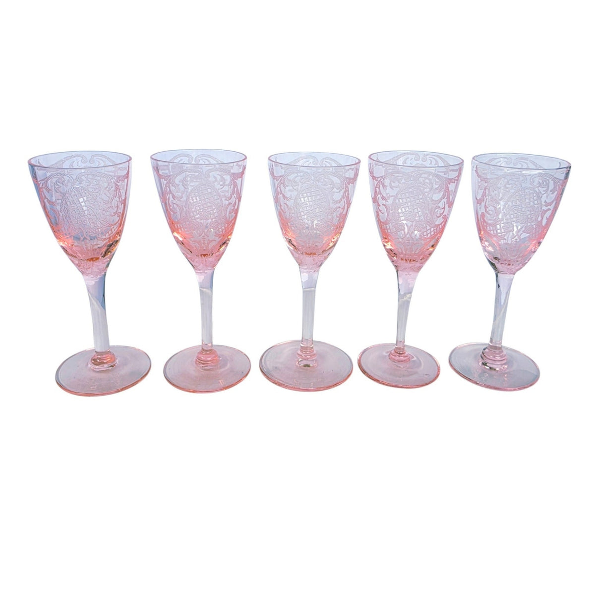 Rare 1929 Cambridge Glass Etched Pink Cordials Etch 740 Stem 3050 Set of 5