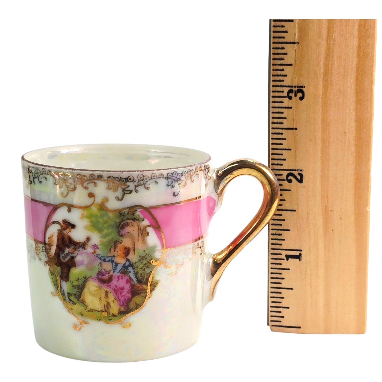 Vtg Lefton China Tea Cup & Saucer Pink Band Gold Trim Courting Couple 1798