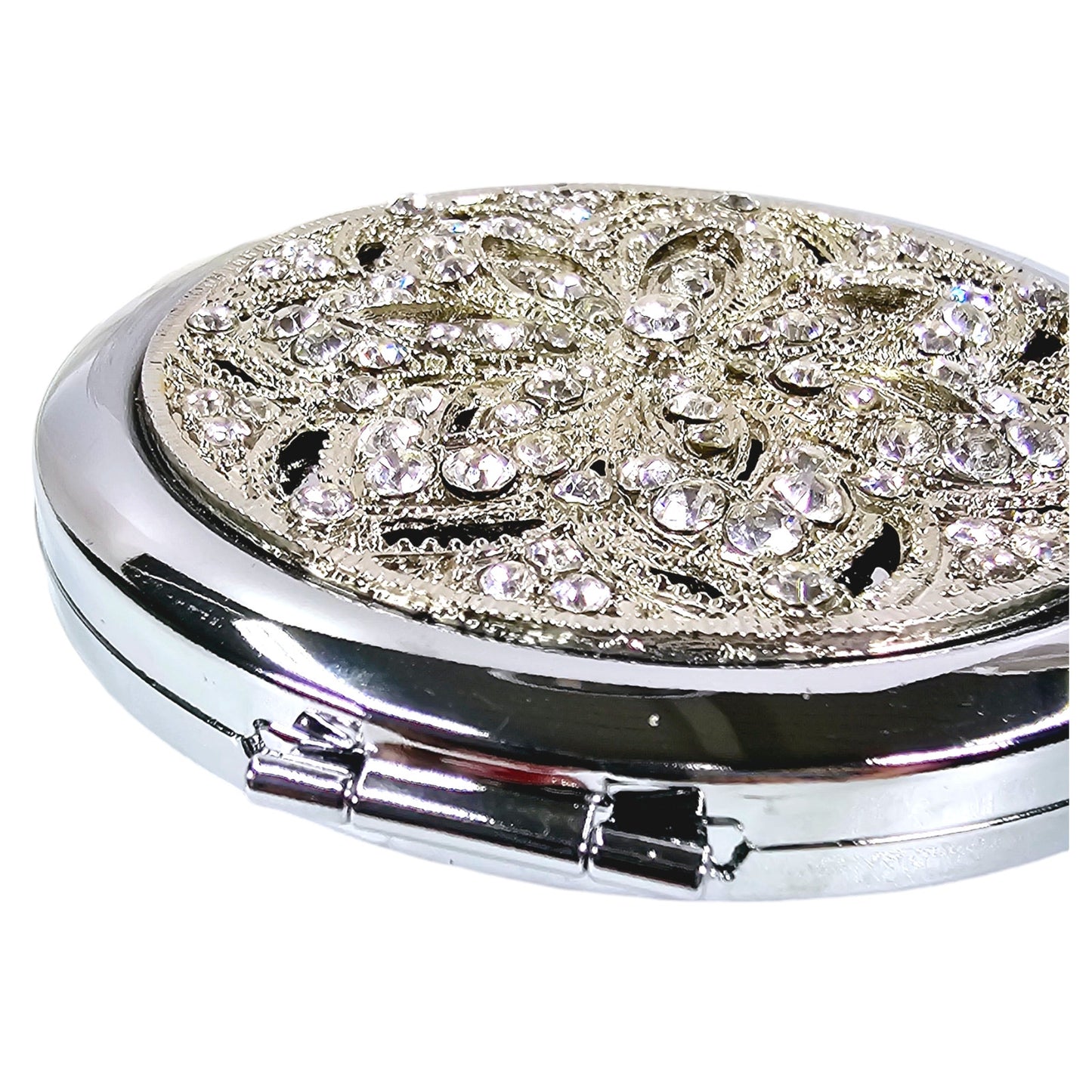 Olivia Riegel Silver Tone Crystal Sinclair Mirrored Compact, New in Bag, 2.75" D