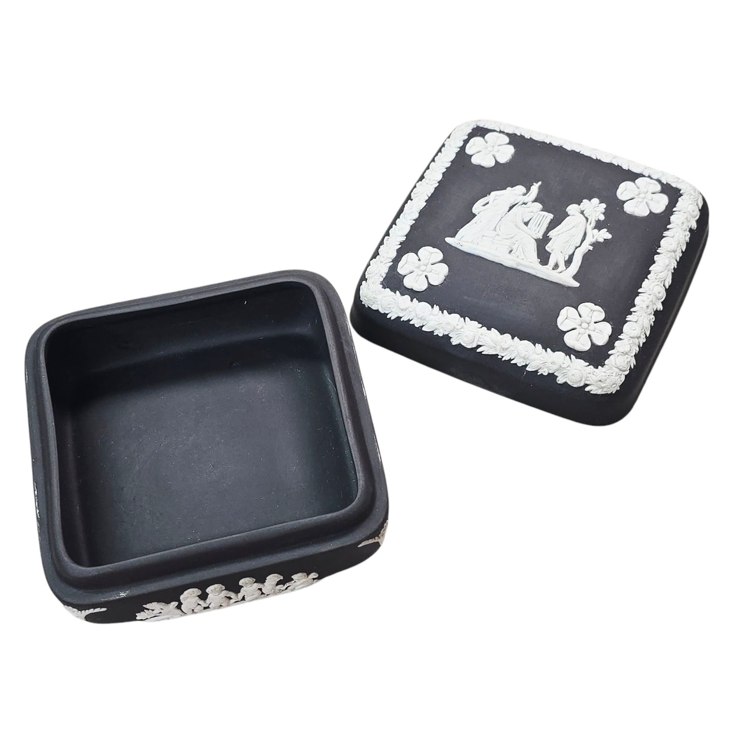 Wedgwood Black Basalt Jasperware trinket box Square Cherubs Courting Couples Made in England