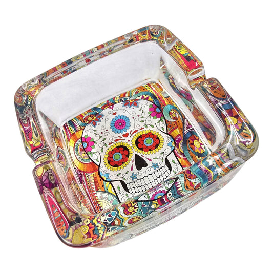 Day of the Dead Sugar Skull Heavy Glass Ashtray Trinket Dish Colorful 3"
