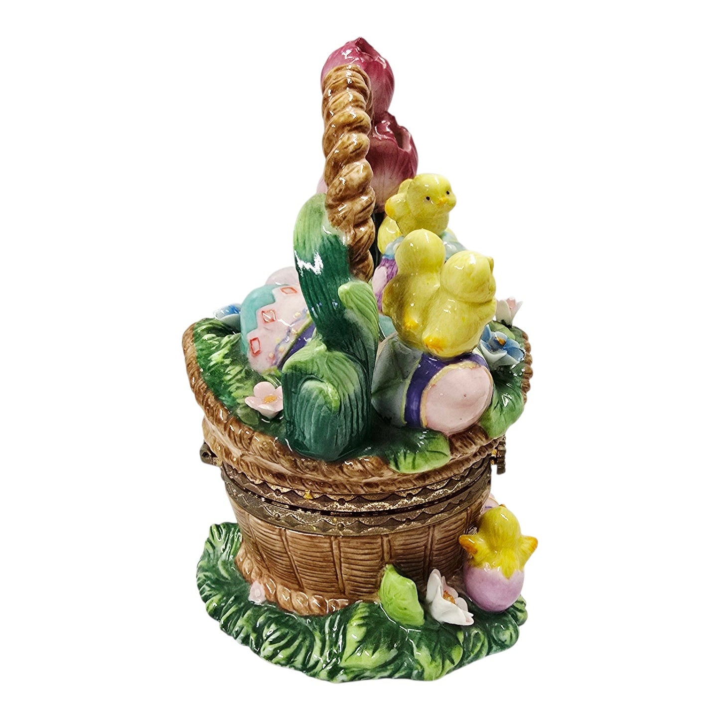 Large Hinged Ceramic Easter Basket Trinket Box Floral Chicks & Eggs Spring Decor