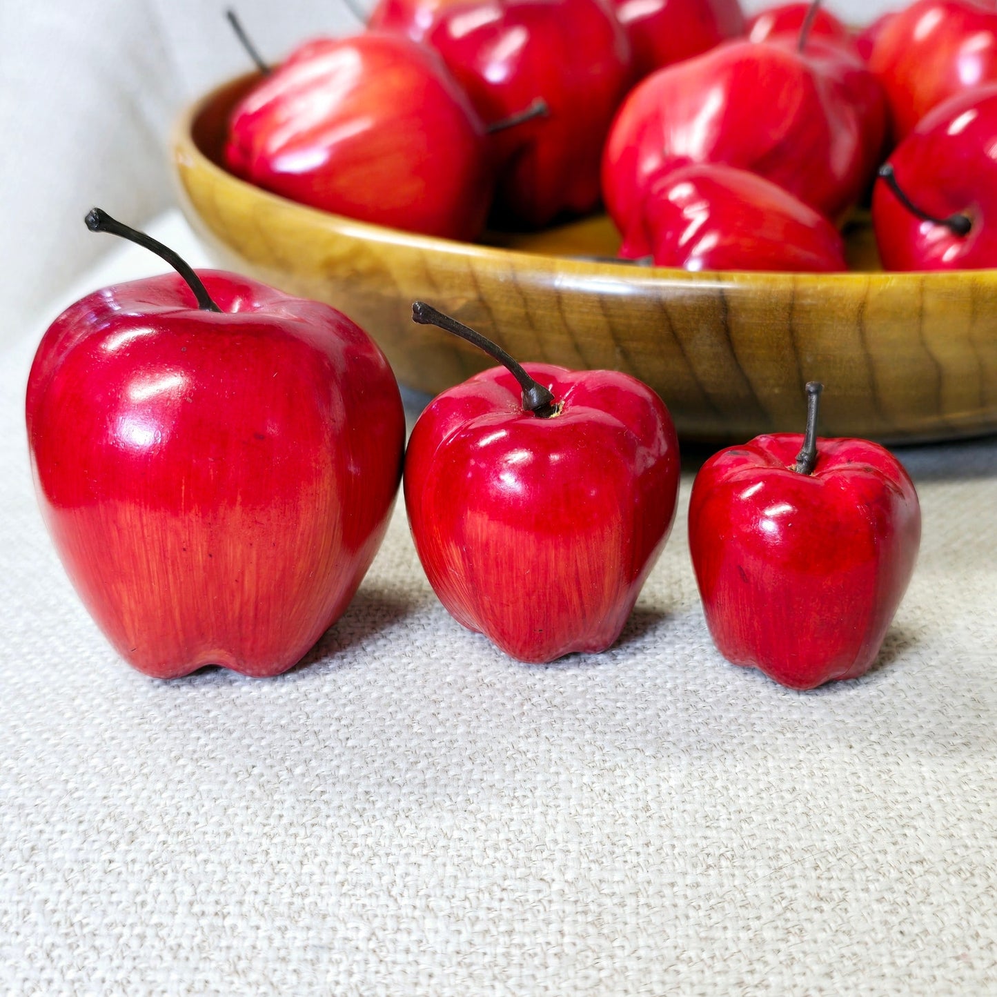 Large Vintage Shallow Bowl Filled With Vibrant Red Apples in Various Sizes