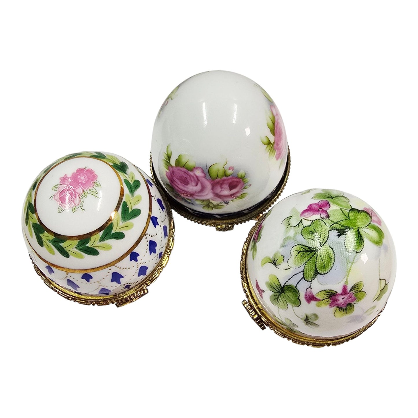 Set of 3 Vintage Porcelain Footed Egg Trinket Boxes Hinged Floral Tripod Base