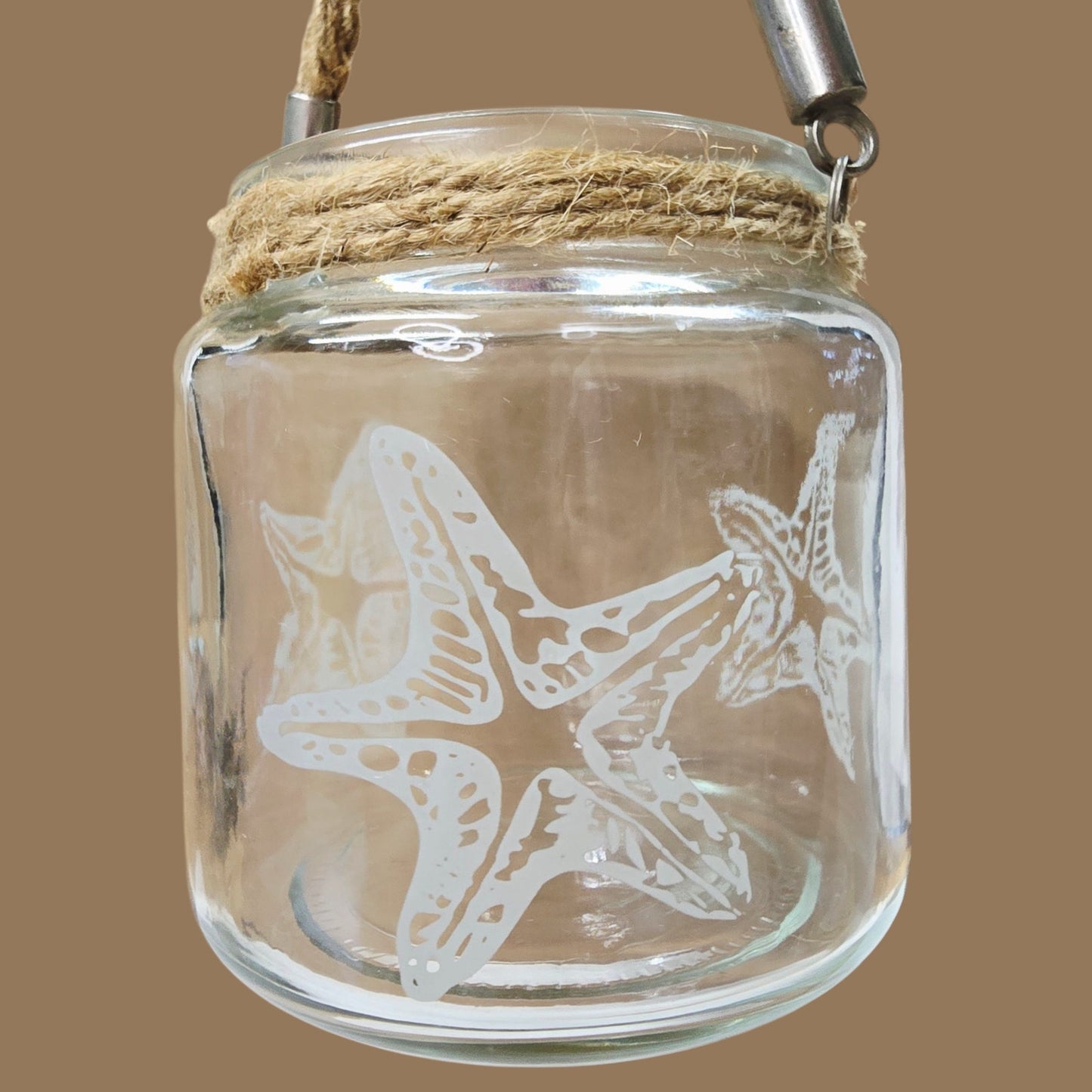 Coastal Hanging Etched Glass Starfish Tealight Candle Holder Nautical Rope Votive Jar