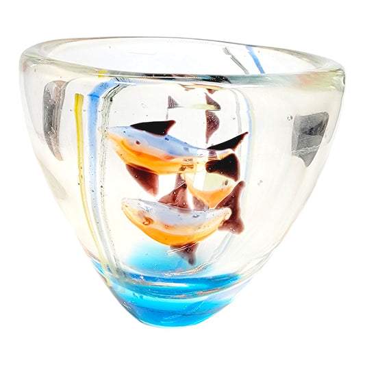 Art Glass Fish Aquarium Vase Bowl, Blue Orange Thick Hand Blown Glass Bowl