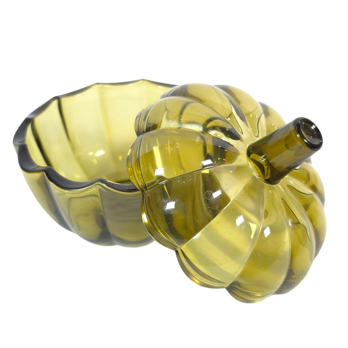 Olive Green Glass Pumpkin Jar with Lid Decorative Fall Trinket Container
