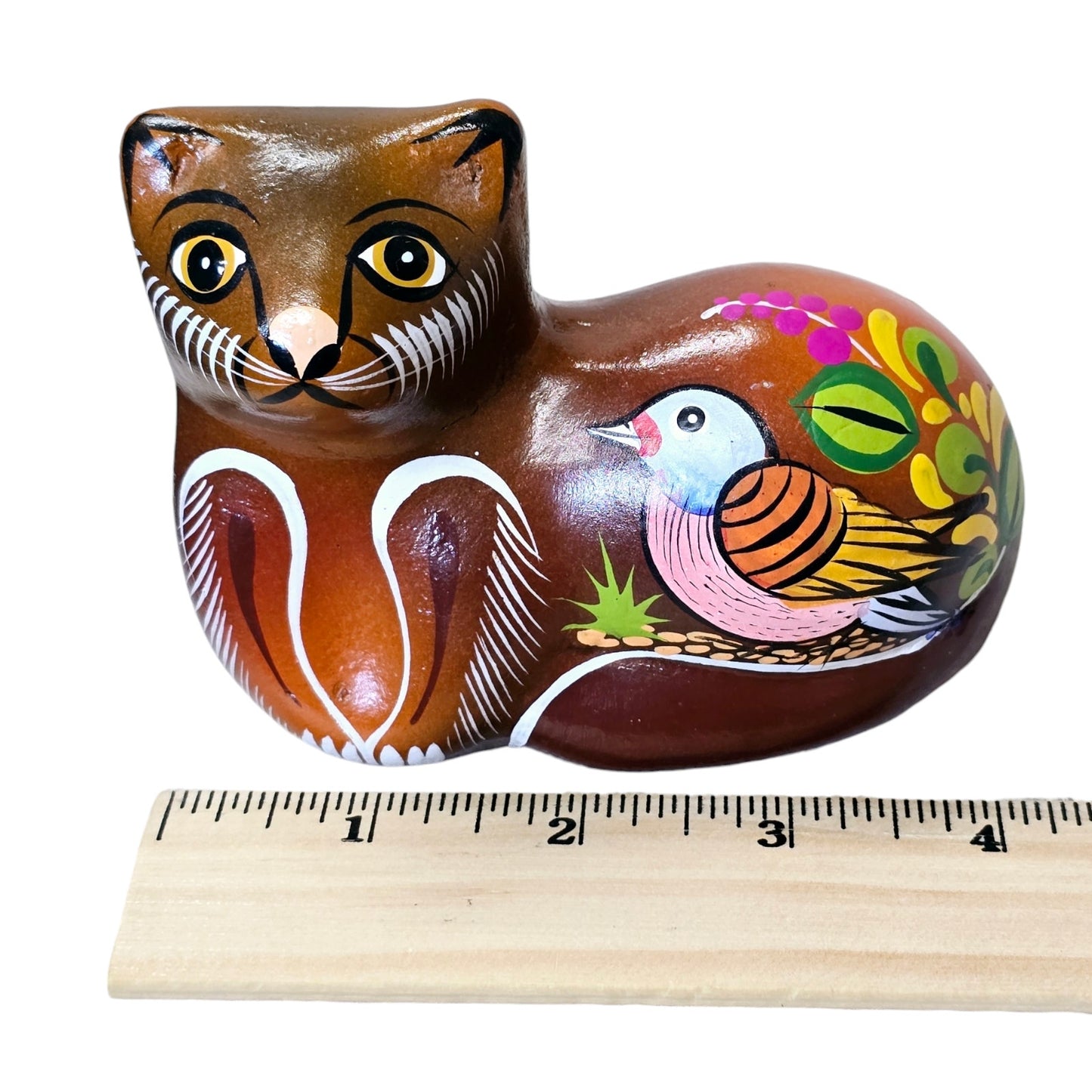 Regin Tonala Mexico Folk Art Cat Figurine with Handpainted Bird