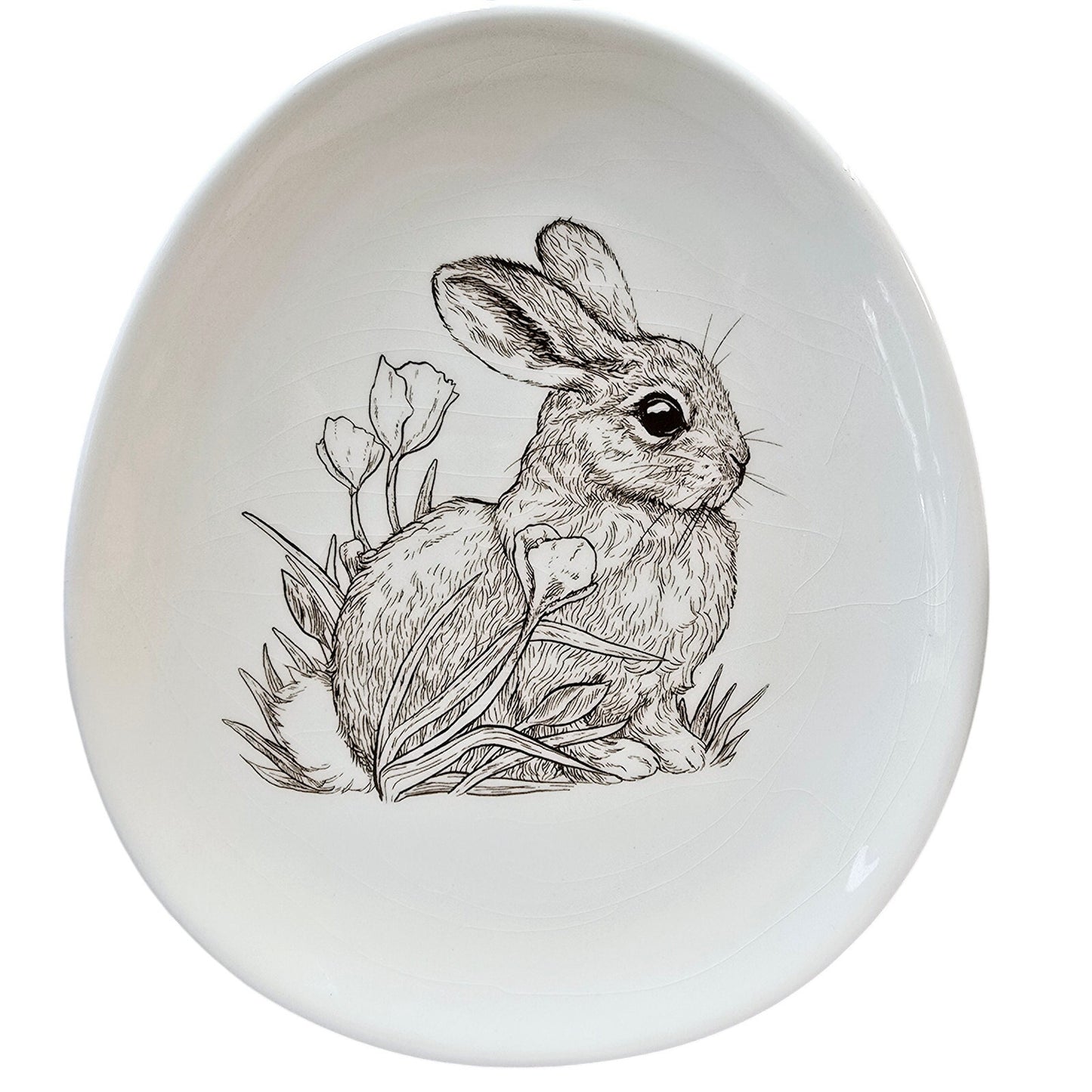 Set of 2 Decorative Bunny Plates with Sketch Brown Bunny with Tulips by Burton & Burton CRAZED