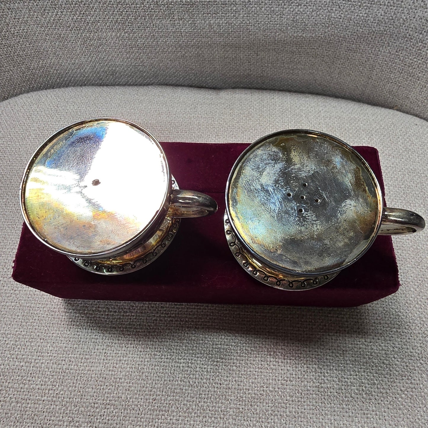 Vintage Silver Treasures by Godinger Teacup Salt Pepper Shakers Original Velvet Box