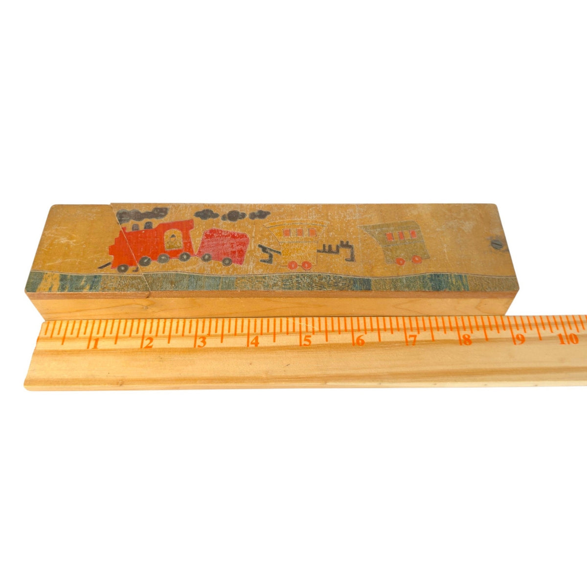Vintage Wooden Sliding Lid Pencil Box - Hand-Painted Train Motif Mid Century 9"