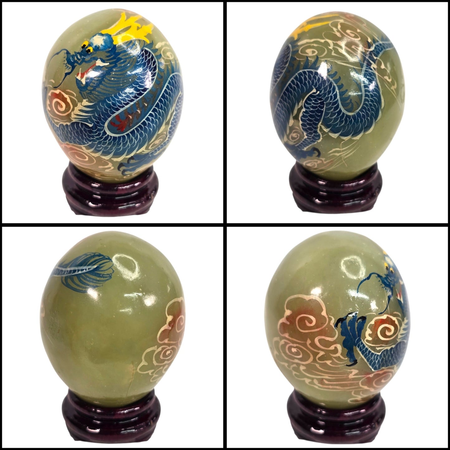 Vtg Set of 6 Chinese Hand Painted Dragon Eggs Green Marble Stone w/ Stands & Box