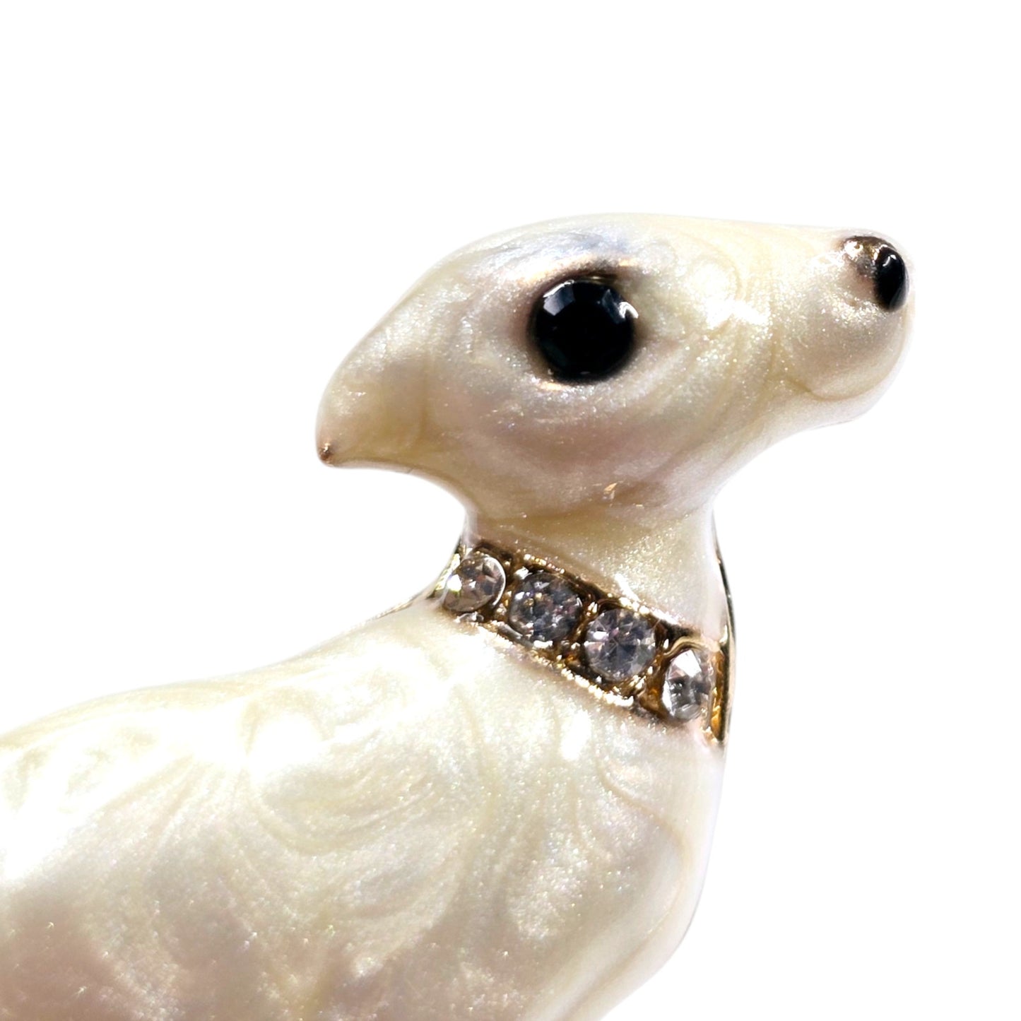 White Enamel Whippet Greyhound Puppy with Rhinestone Collar Lapel Pin Brooch Jewelry