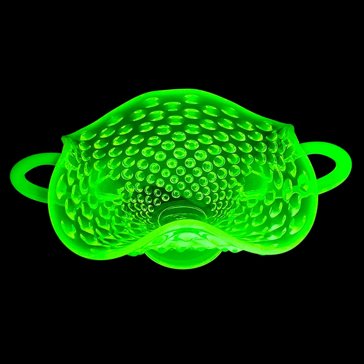 Fenton Vaseline Opalescent Hobnail Bonbon Dish Uranium Glass Double Handle Glows