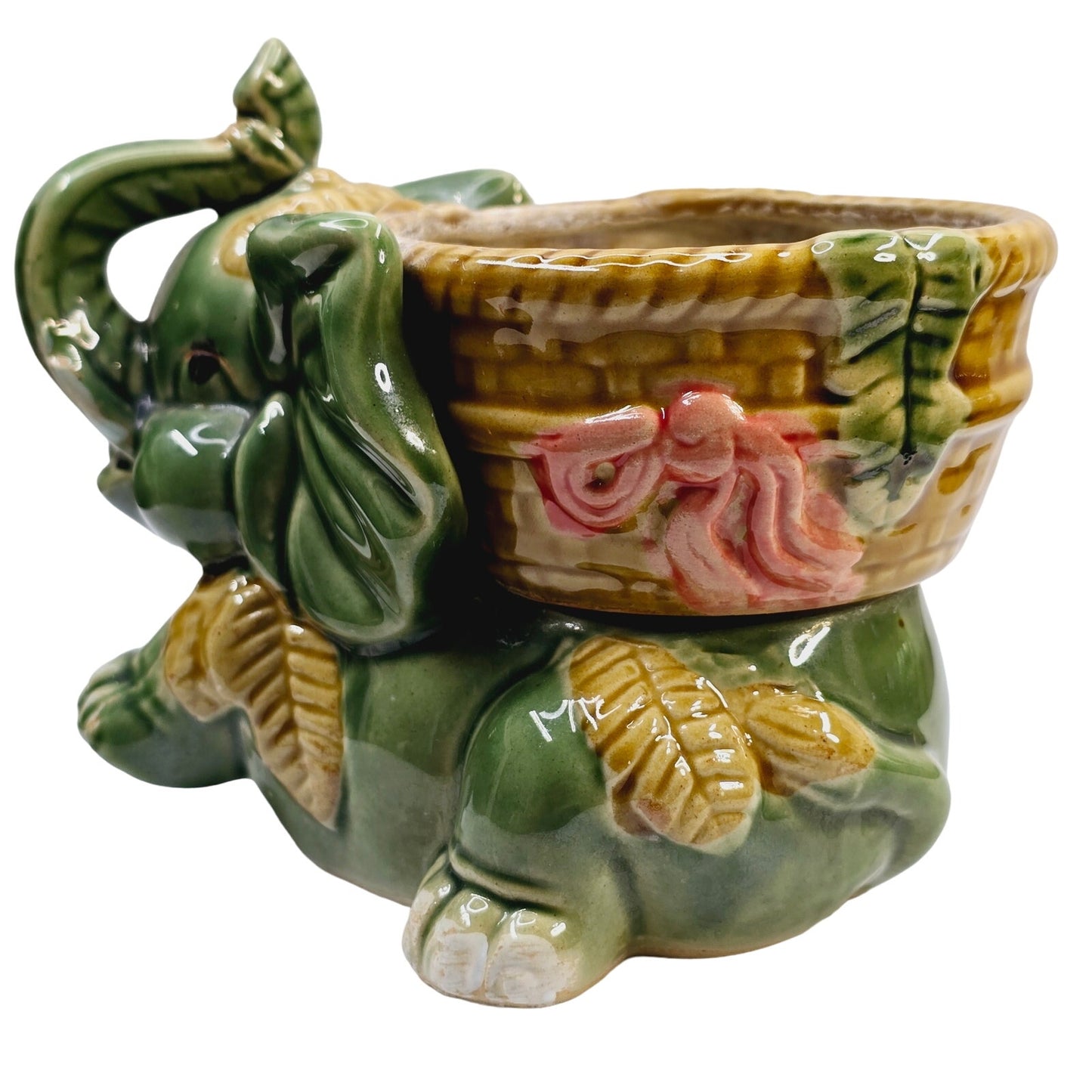 Vintage Majolica Glazed Pottery Lucky Elephant Holding Basket Planter Drip Glaze Trunk Up