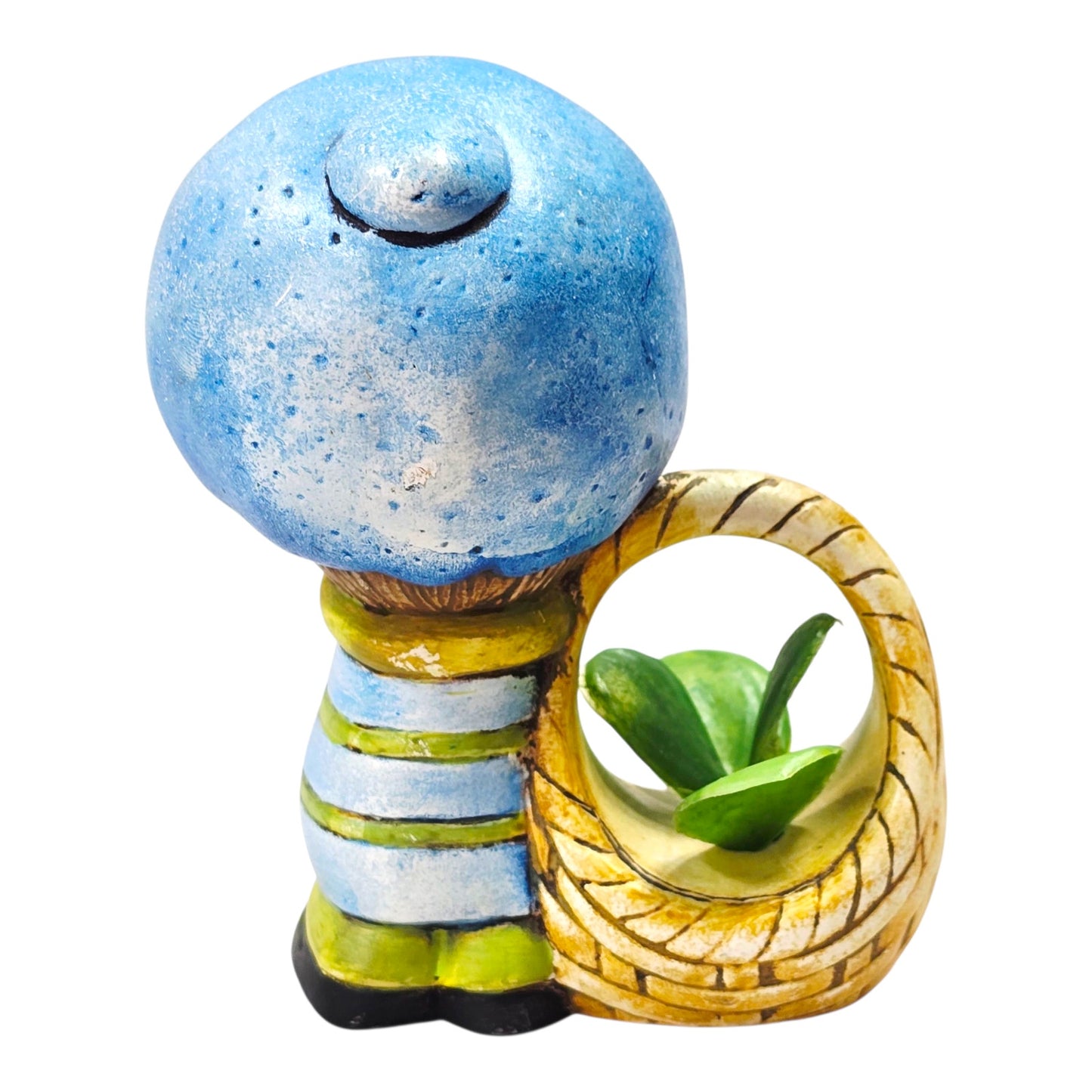 Vtg Big Bonnet Girl Figurine Basket Planter Blue Hat Air Plant Holder 3"