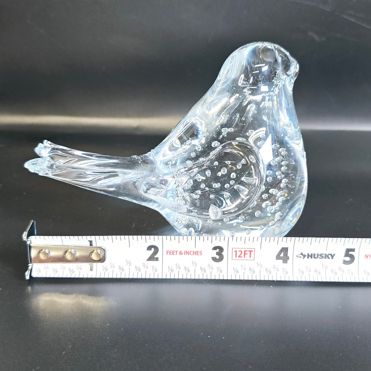 AS IS Handblown Clear Art Glass Bird, with Bullicante Bubbles, Polished Bottom, Chipped Tip of Tail Feather