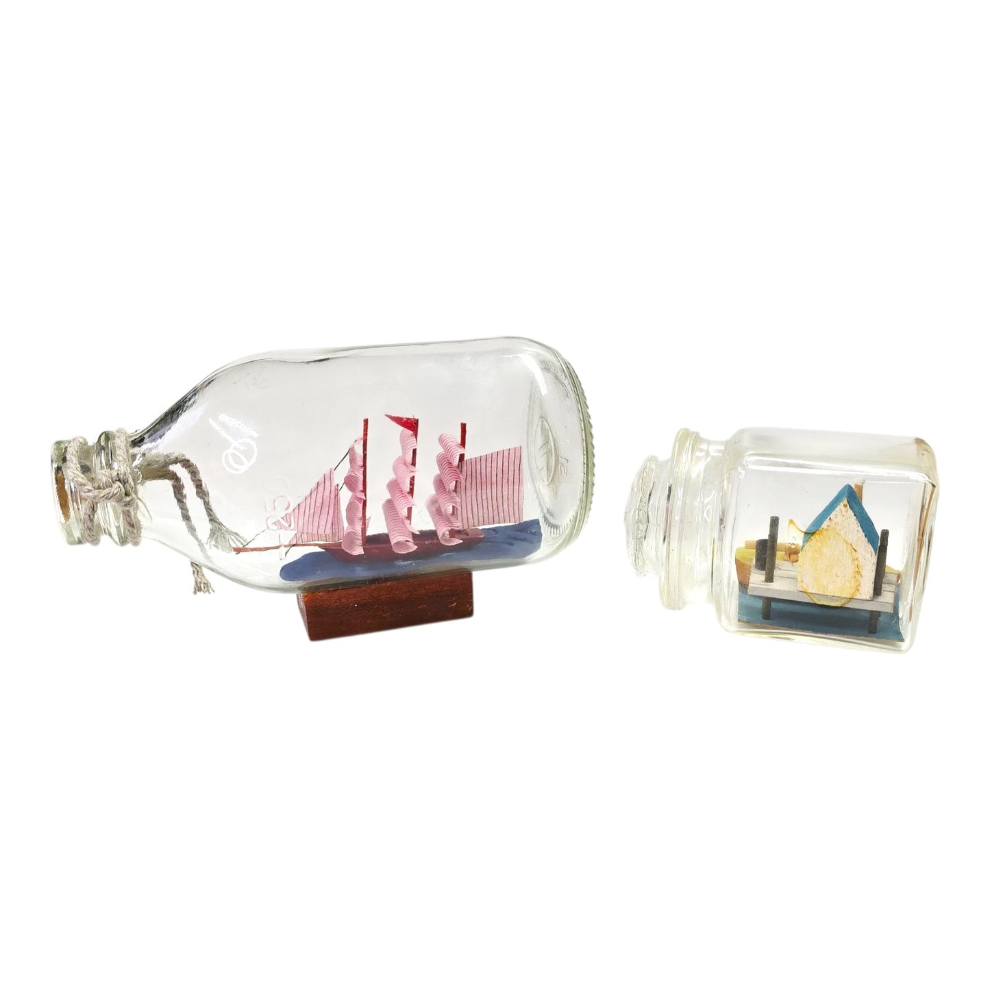Lot 2 Ship in Bottle Nautical Sailboat House Scene Miniatures Glass Jar Decor