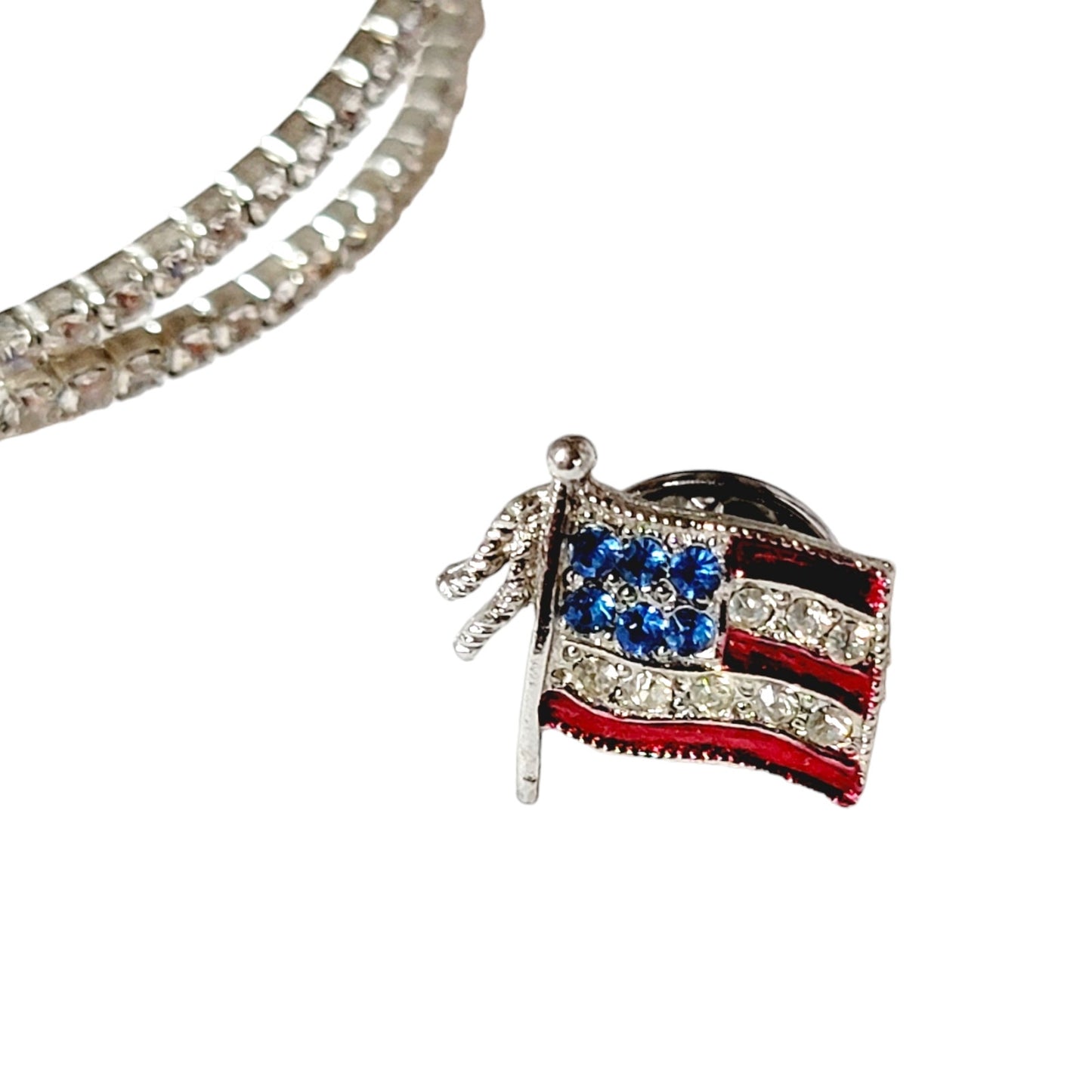 American Flag Heart Flexible Cuff Rhinestone Bracelet and Pin with Rhinestones