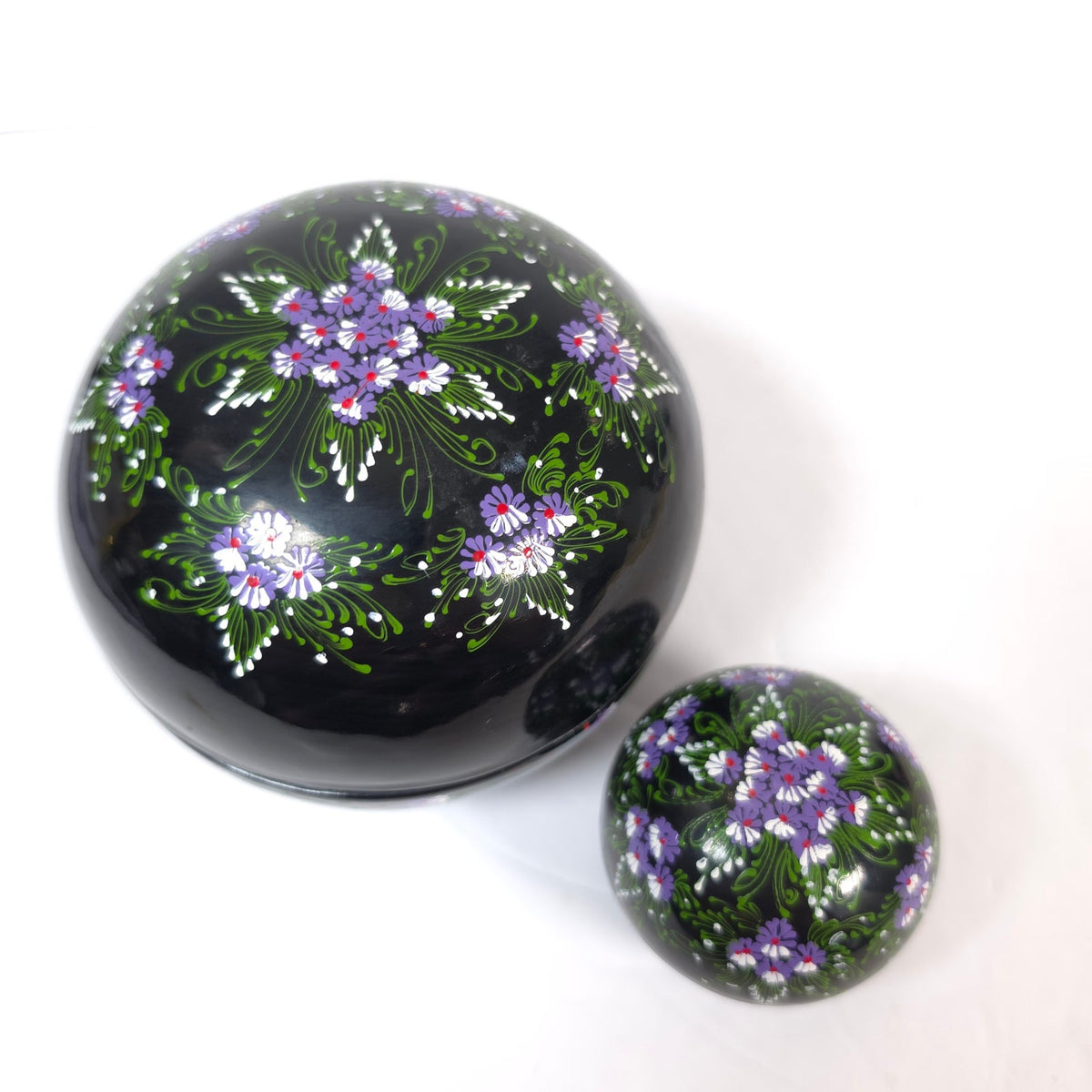 Hand Painted Black Floral Nesting Trinket Boxes Set of 2 Purple Flowers