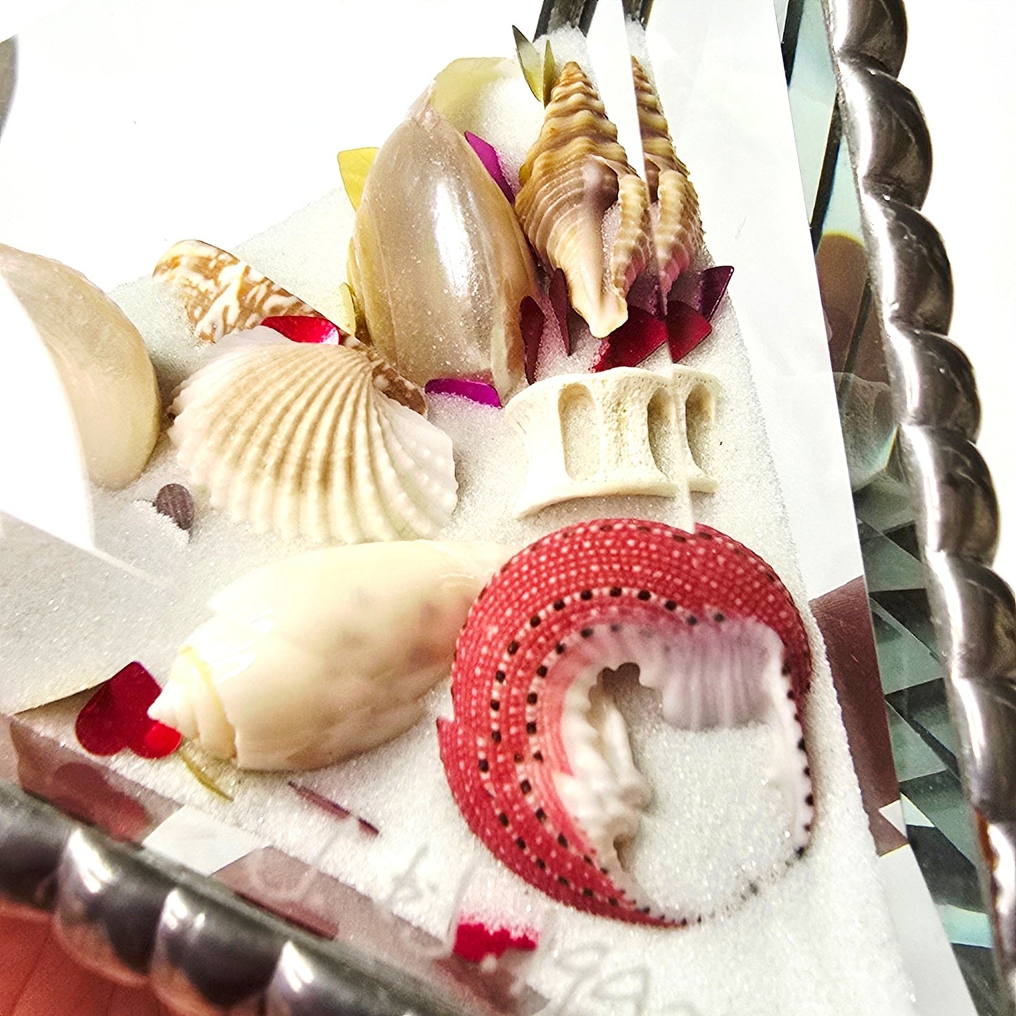 Signed J & J 1993 Glass Sand Prism Valentine's Shell Heart Confetti Art Coastal