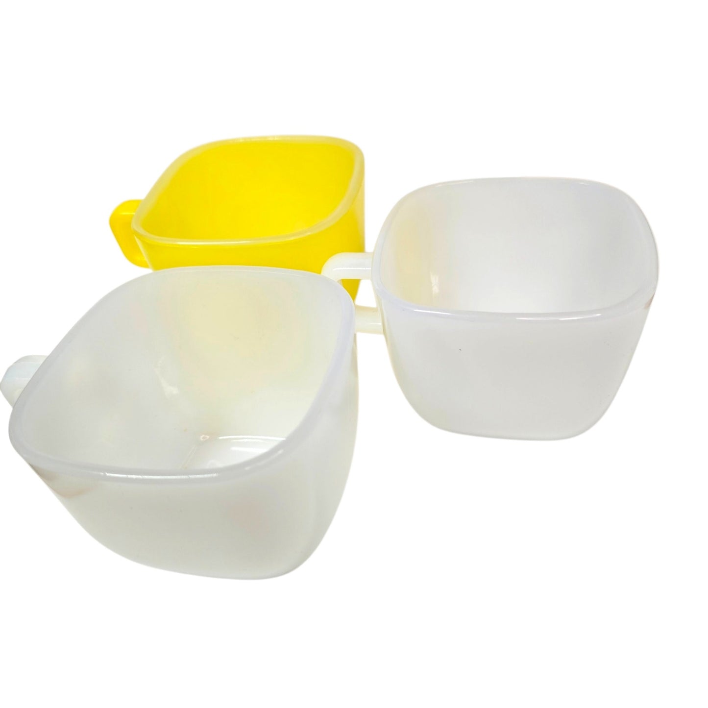 Glasbake Milk Glass Mugs Set 3 Square White Yellow USA Vintage Coffee Cups
