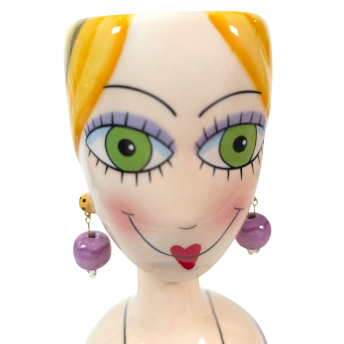 BABS Whimsical Ceramic Lady Head Vase Blonde Green Eyes Purple Earrings