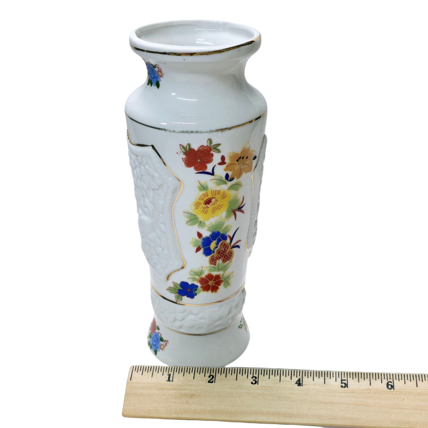 Vintage Porcelain Vase with Colorful Textured Floral Desgin Gold Trim
