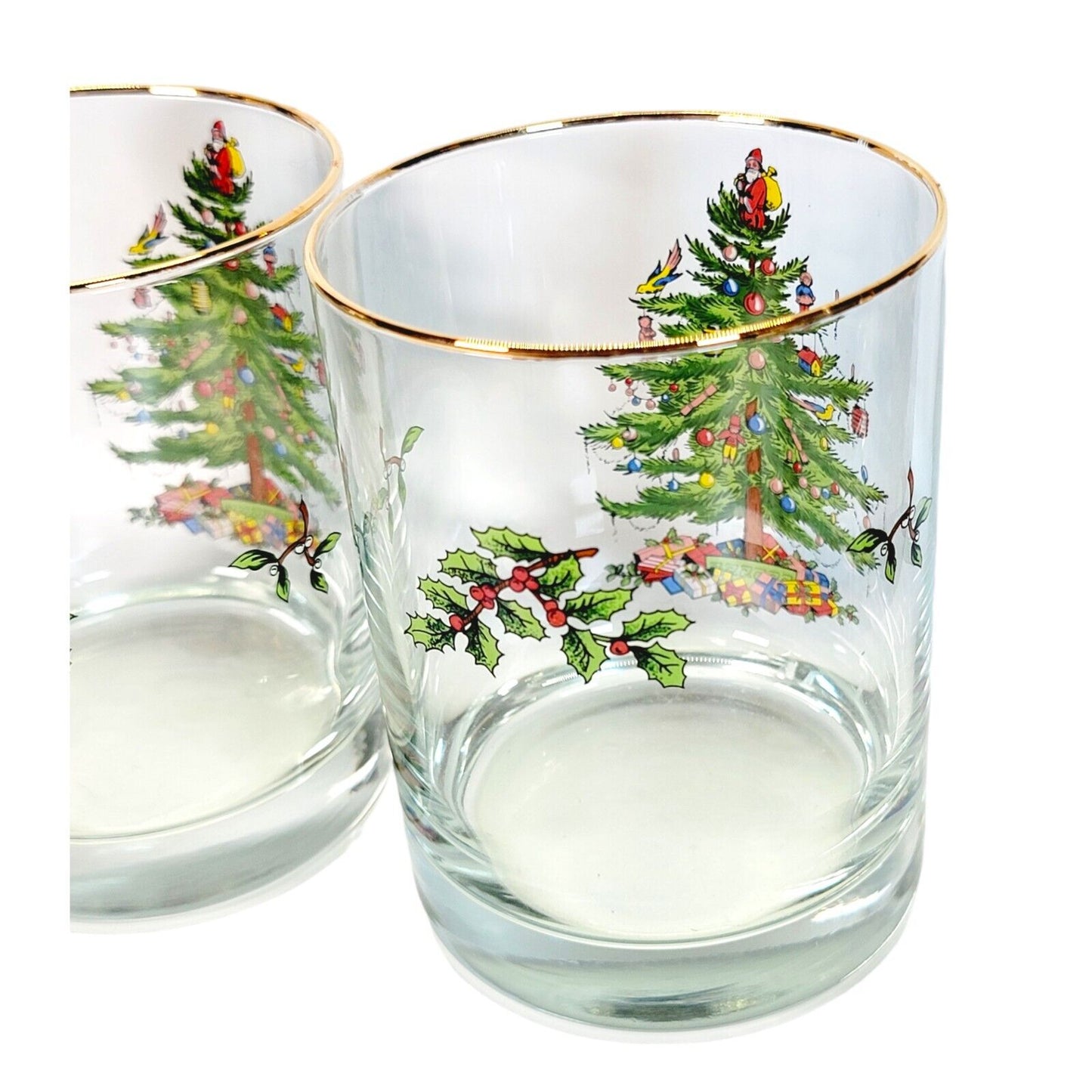 Set of 2 Spode Christmas Tree Double Old Fashioned Gold Rimmed Glasses 4"