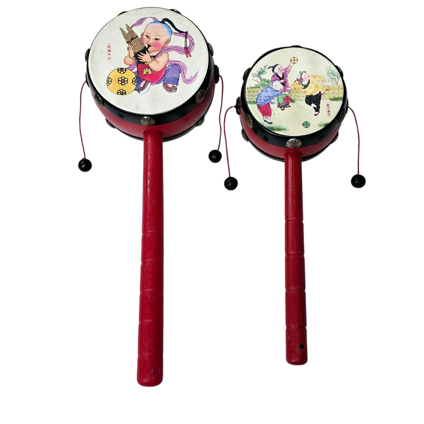 Set of 2 Chinese Rattle Drums, "Bo Lang Gu", Good-Luck, Good Fortune Celebration Toy