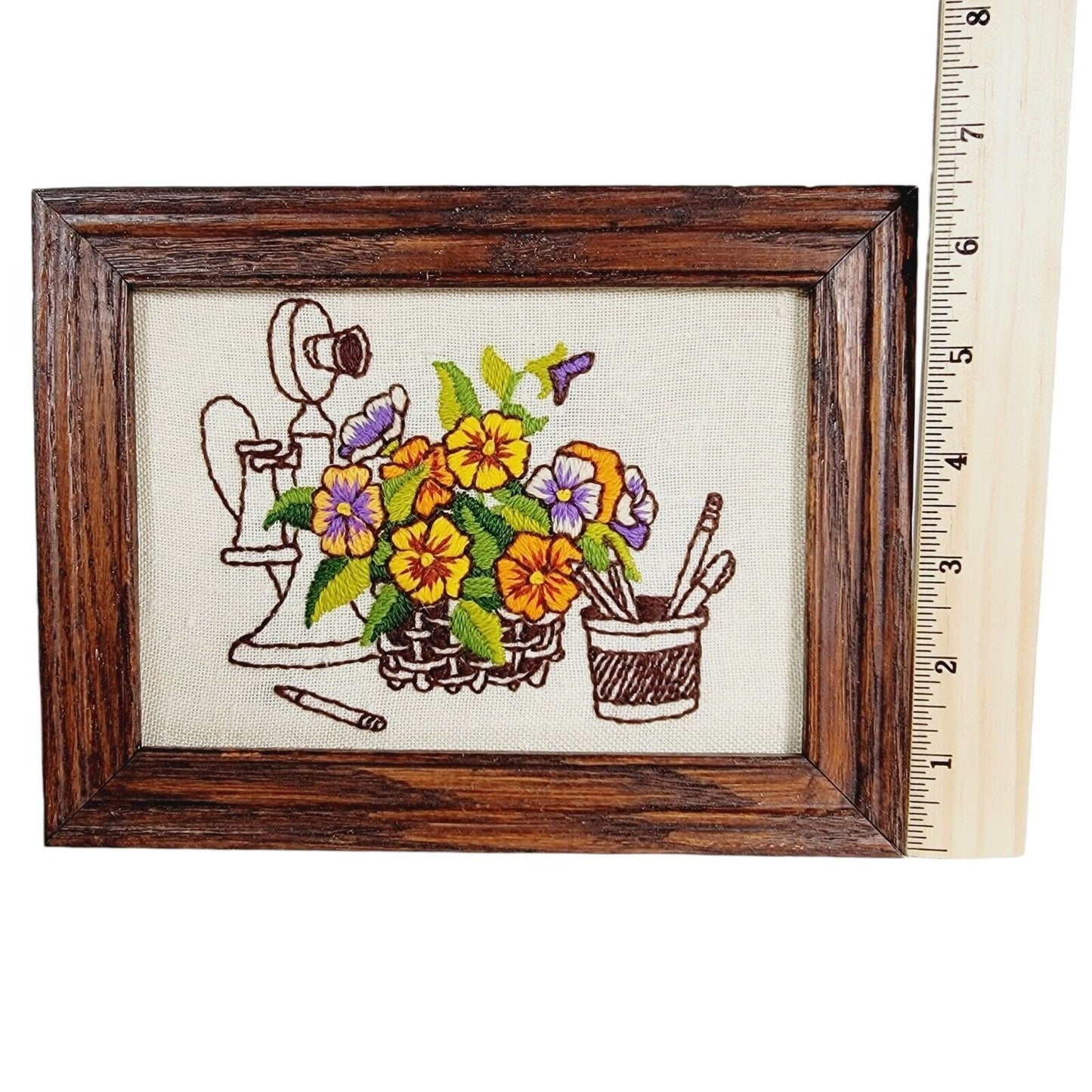 Vtg Framed Pansies Floral Needlepoint Crewel Embroidery Art Flowers Phone Pencil