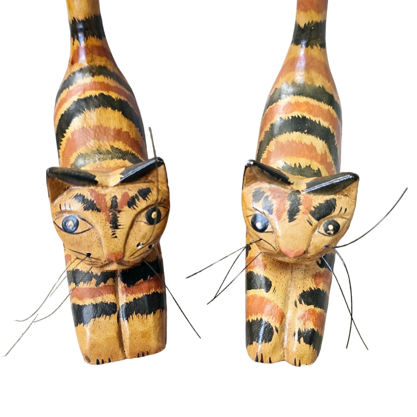 Mirrored Folk Art Crouching Cats Hand Painted Made in Indonesia