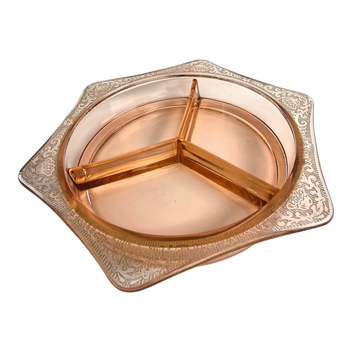 Pink Depression Glass Divided Relish Dish with Gold Decorative Border