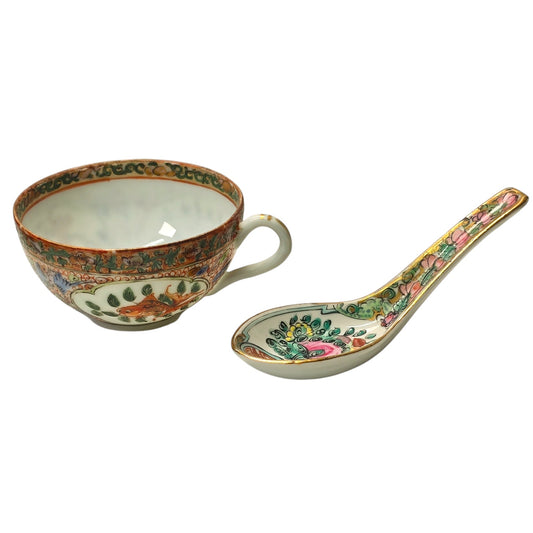 Antique Chinese Rose Medallion Porcelain Teacup with Vintage Japan Porcelainware Soup Spoon