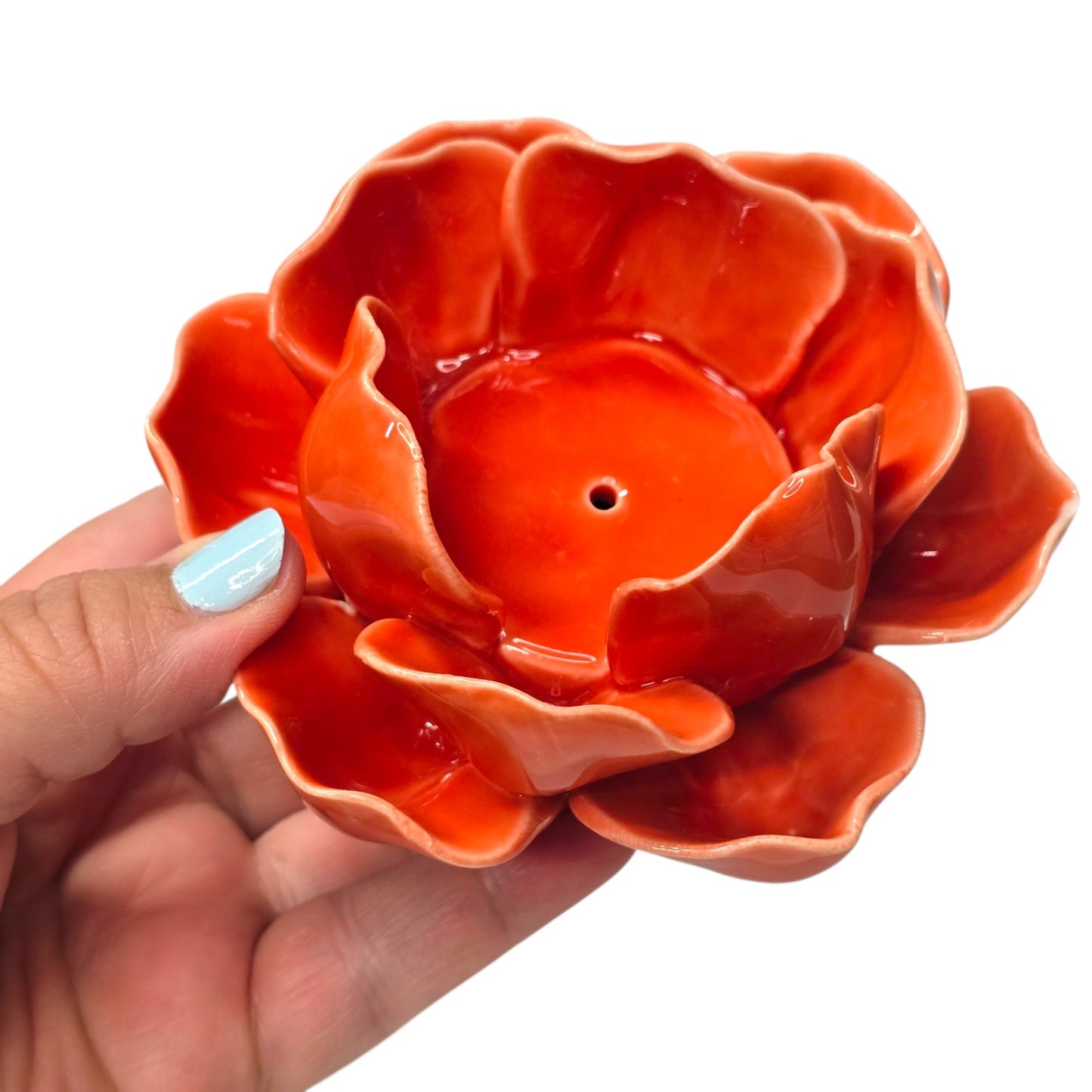 Vintage Poppy Orange Glazed Pottery Lotus Flower Candle Holder Tea Light Artisan
