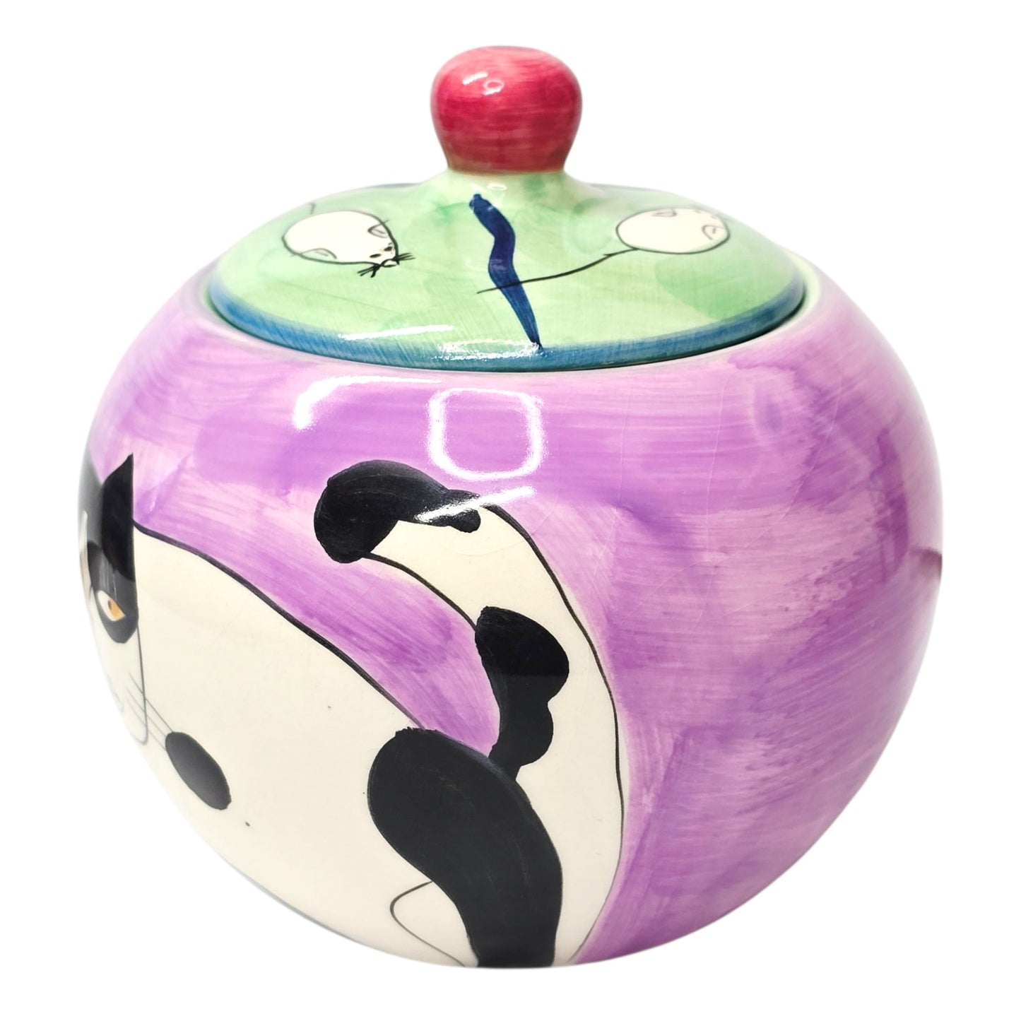 Vintage Kitsch Black Cat and Mouse Ceramic Canister - Purple Floral
