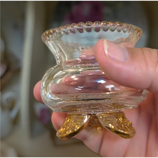 AS SEEN ON VIDEO: Vintage EAPG Colorado Crystal Toothpick Holder with Gold Trim Footed US Glass