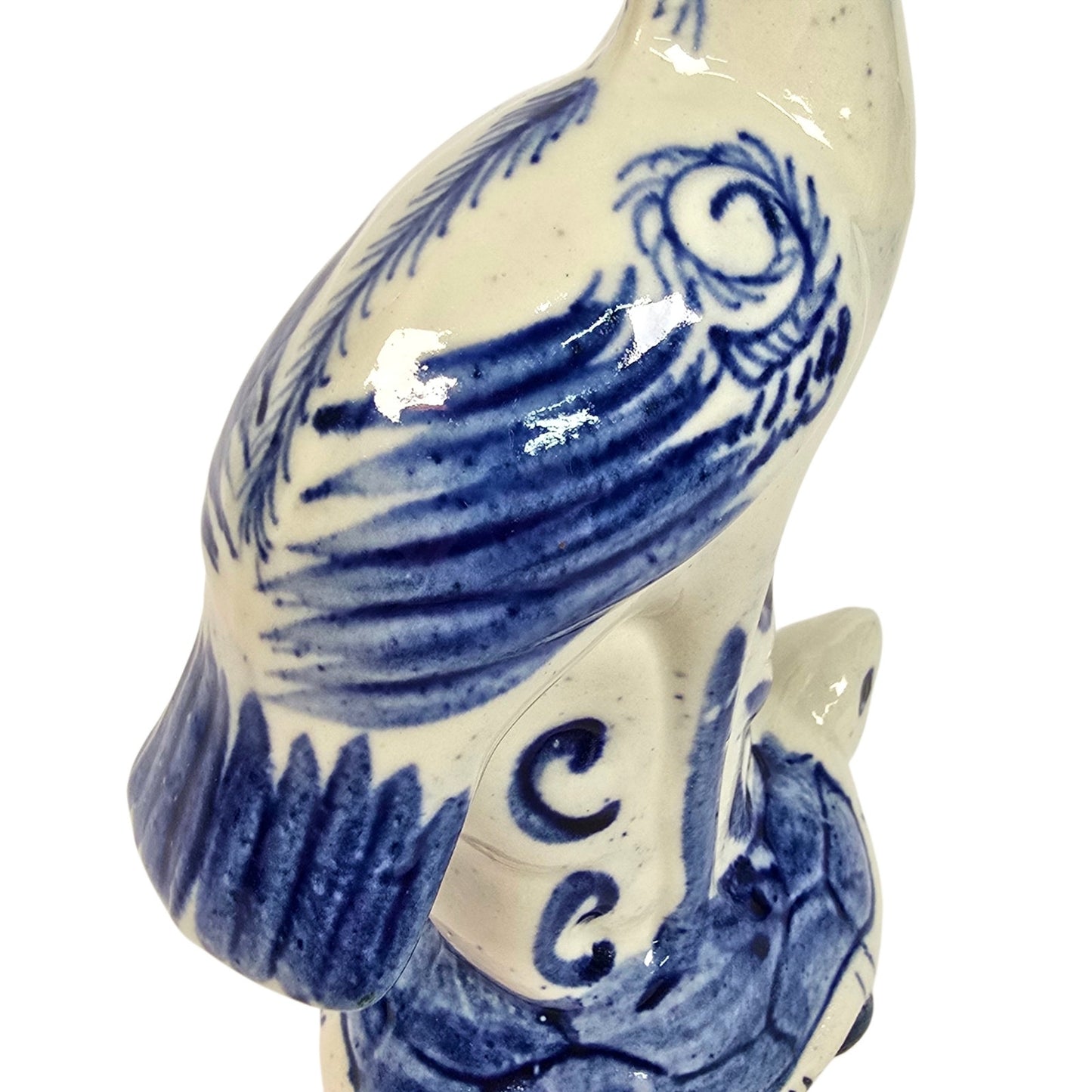 Vintage Blue & White Ceramic Crane on Turtle Figurine Asian Longevity Motif