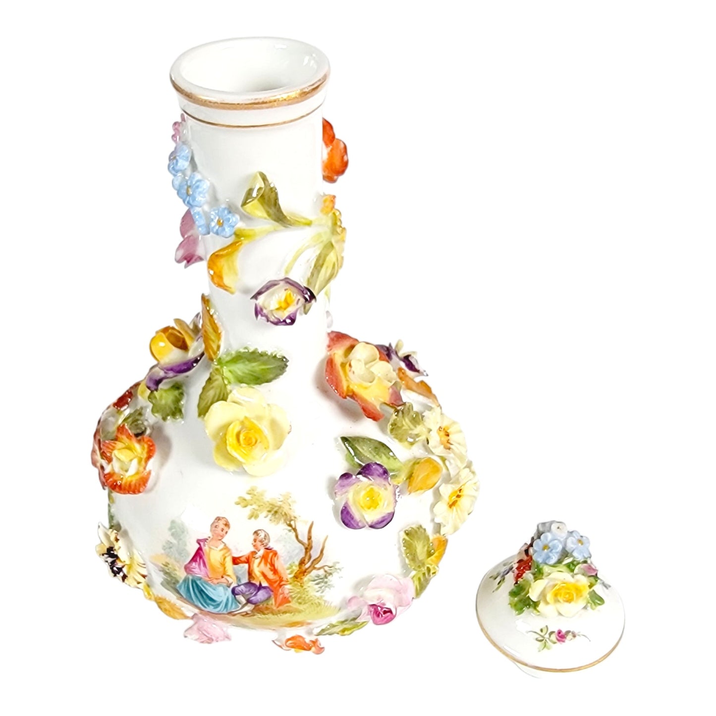 Antique Dresden Porcelain Perfume Flask with Lid, Ornate Flowers and Courting Couple, Made in Germany- Danni