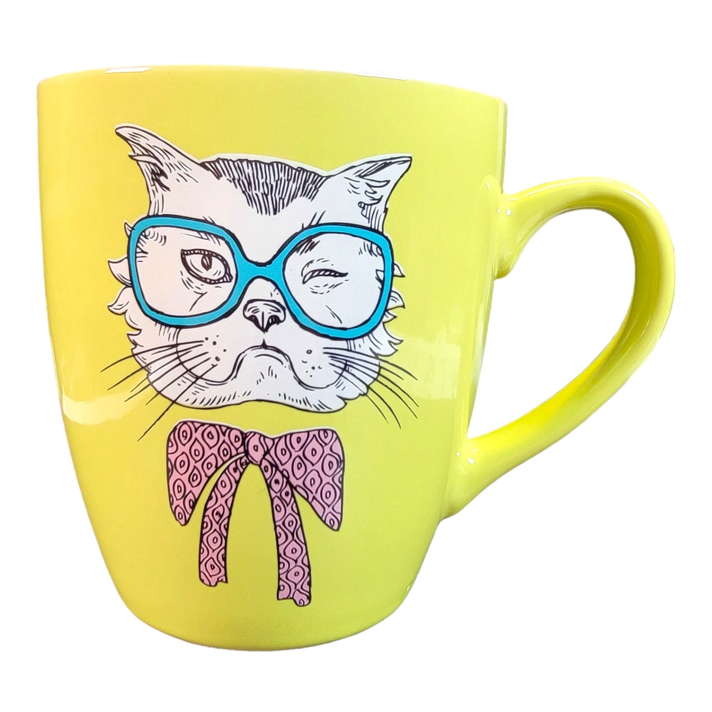 Clay Art "Cool Cat" Large Coffee Mug, Lime Yellow, Grumpy Cat in Glasses